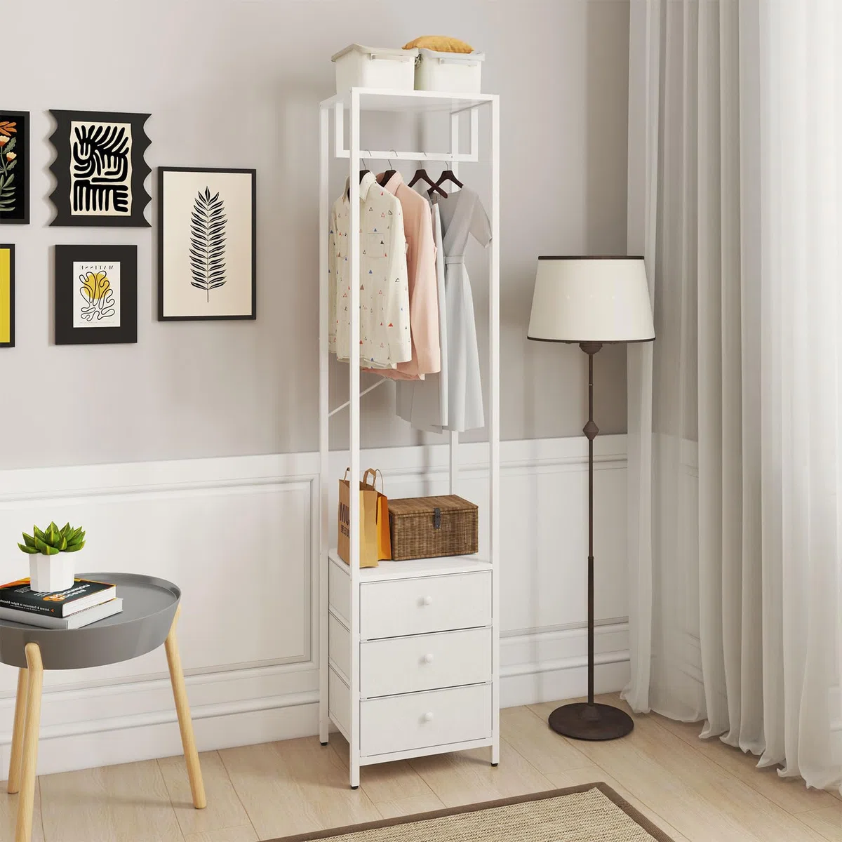 YMYNY Perchero con Cajón no Tejido, Pequeño Perchero de Esquina Almacenaje, Estantería de Almacenamiento para Salón Dormitorio Pasillo Entrada 39×29×179CM Blanco HGR001W
