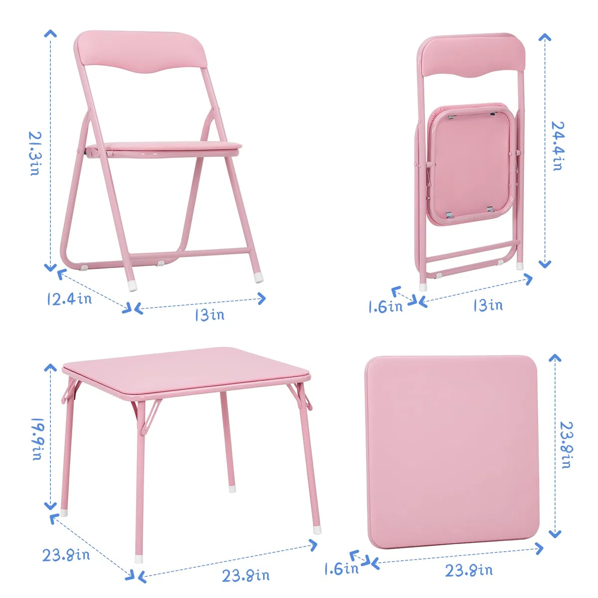 Zstar Conjunto de Mesa y Sillas Plegables para Niños, Mesa Infantil | con 4 Sillas Acolchadas de PU Marco de Acero Resistente, Ahorra Espacio, para Comedor, Sala de Juegos y Dormitorio, Rosa