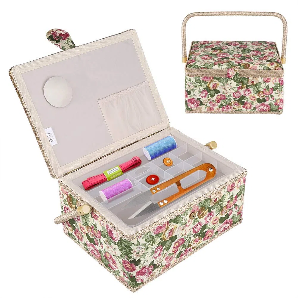 Cesta De Costura para Suministros De Costura, Caja De Artesanía De Costura con Estampado Floral De Tela con Asa, Organizador De Almacenamiento De Kit De Costura para El Hogar