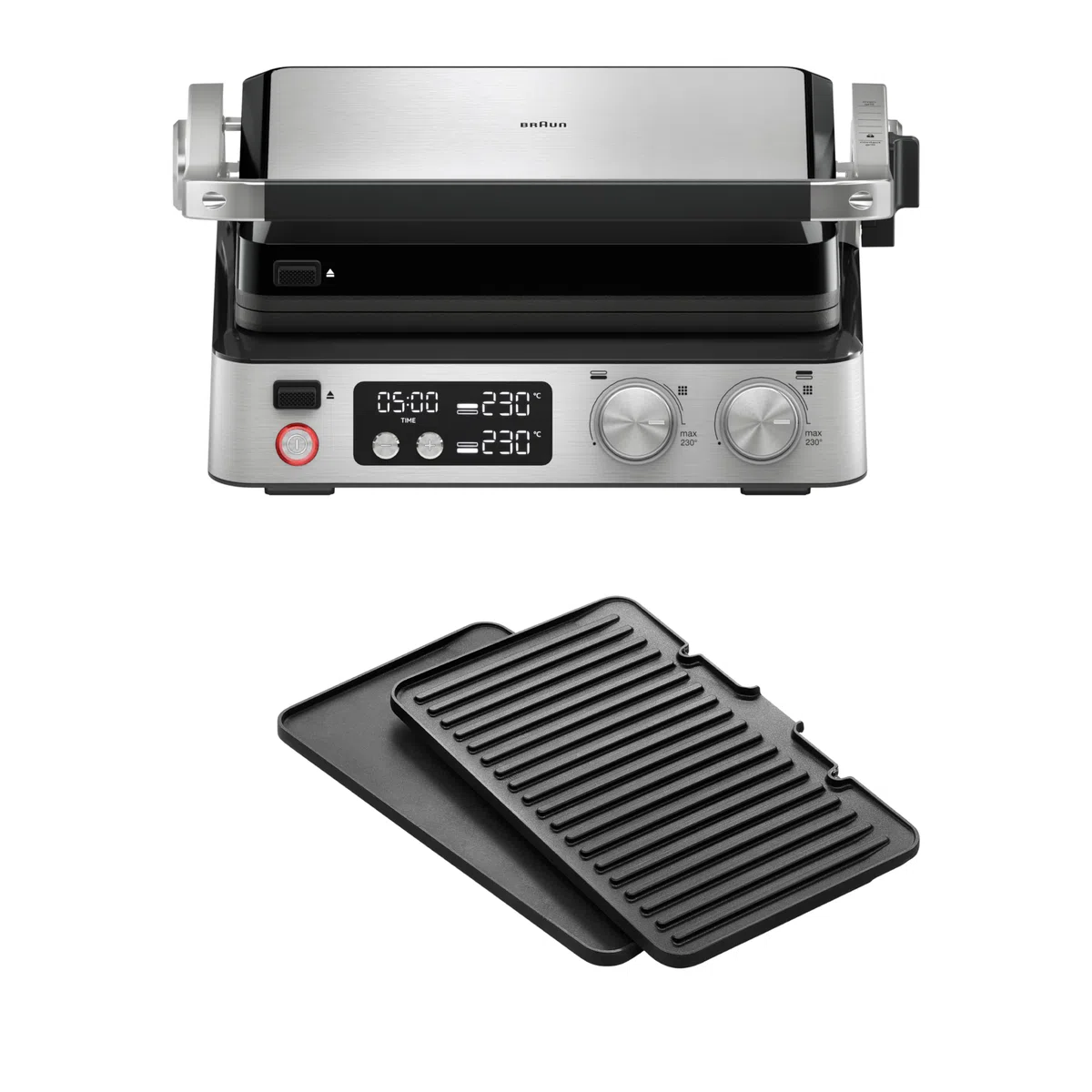 Braun MultiGrill 7 CG 7040, Plancha Cocina Eléctrica con Control Electrónico, 2 Termostatos Independientes, 3 Posiciones de Cocción, Placas Lavables en Lavavajillas, 2000 W, Negro/Acero Inoxidable