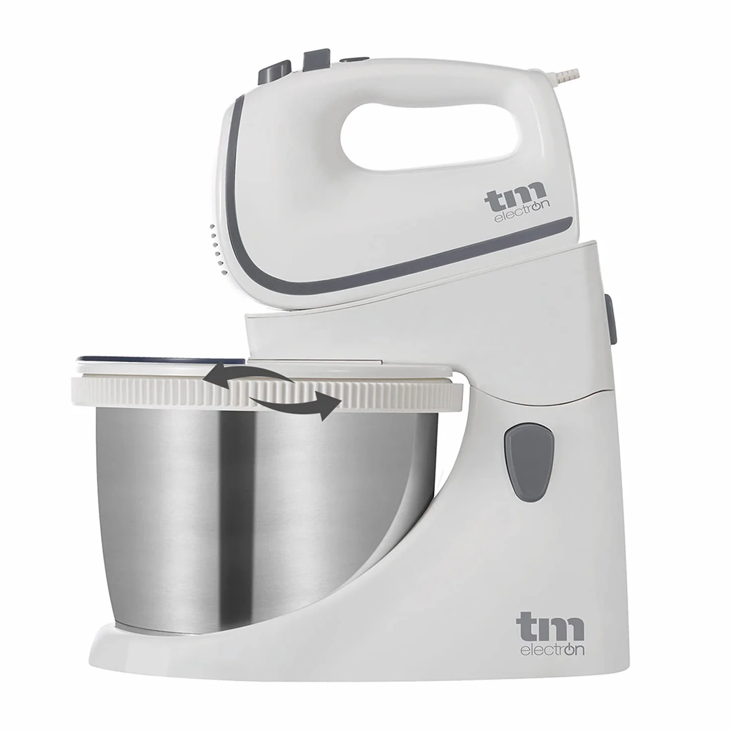 TM Electron TMPBA114 batidora amasadora para repostería de 450 w con bol 2.5l de acero inoxidable, ganchos para amasar, varillas y tapa antisalpicadura transparente
