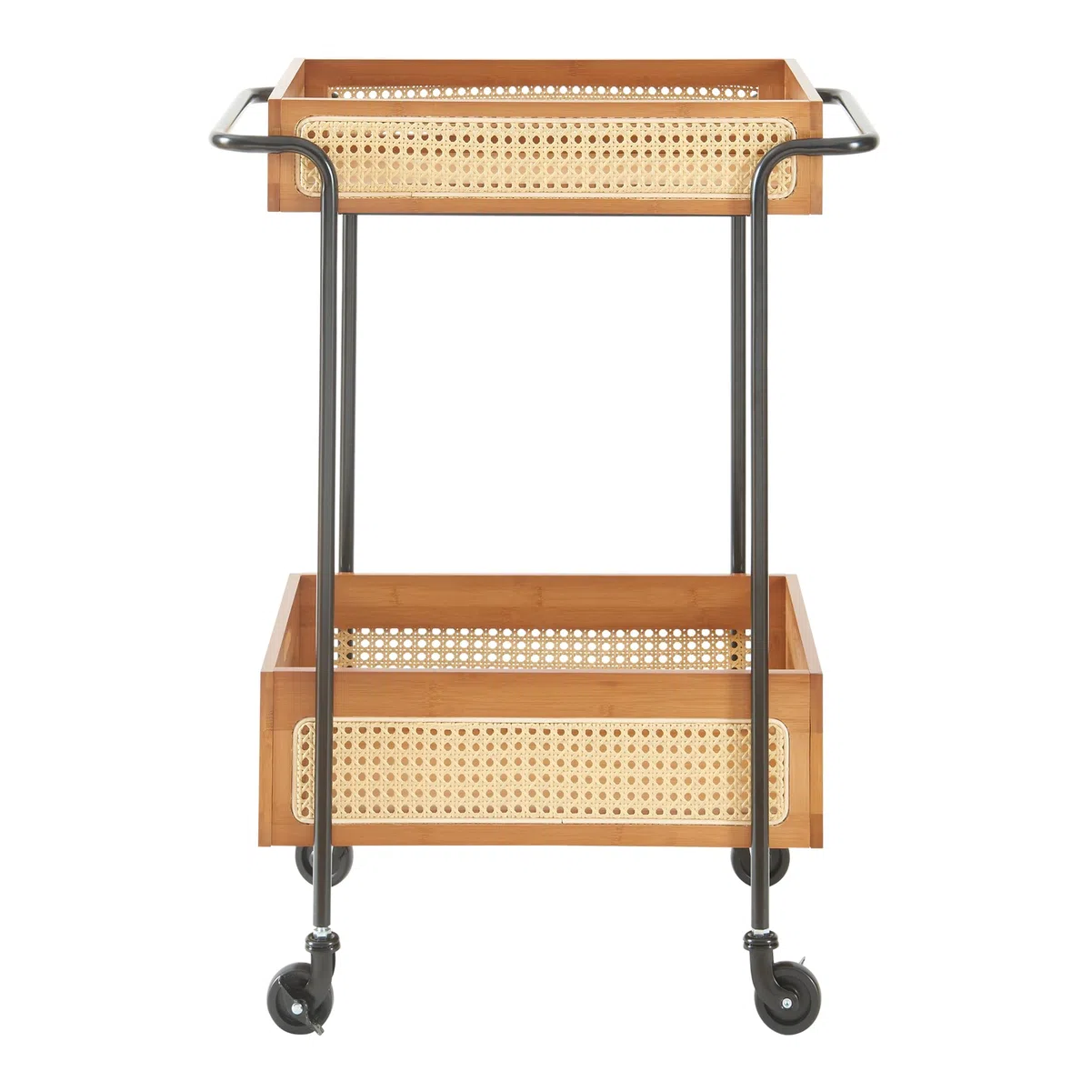 [en.casa] Carro de Servicio Tervola con 2 Cestas Carrito de Cocina Estantería de Baño con 4 Ruedas Multiusos Versátil Resistente Metal/Bambú 81x61x39cm - Negro/Efecto Ratán