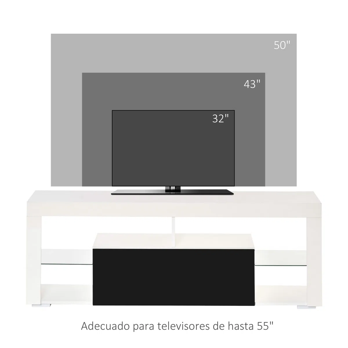 HOMCOM Mueble de TV para Televisiones de 55”Pulgadas 140x35x52 cm Blanco | Mesa para TV de Salón, Luz LED, 6 Modos de Colores, Mando a Distancia, Cajón, Estantes de Cristal Ajustables, Alto Brillo