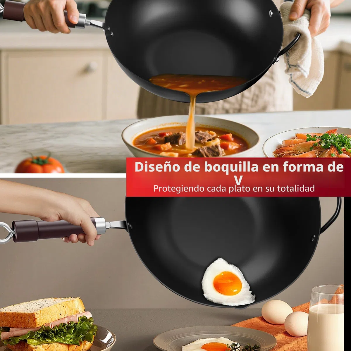 Jobin 32 cm/12,6'' Wok de Acero al Carbono con Tapa, Asas de Madera y Acero, Puede Cocinar Platos Asiáticos Para 3-5 Personas - Fondo Plano