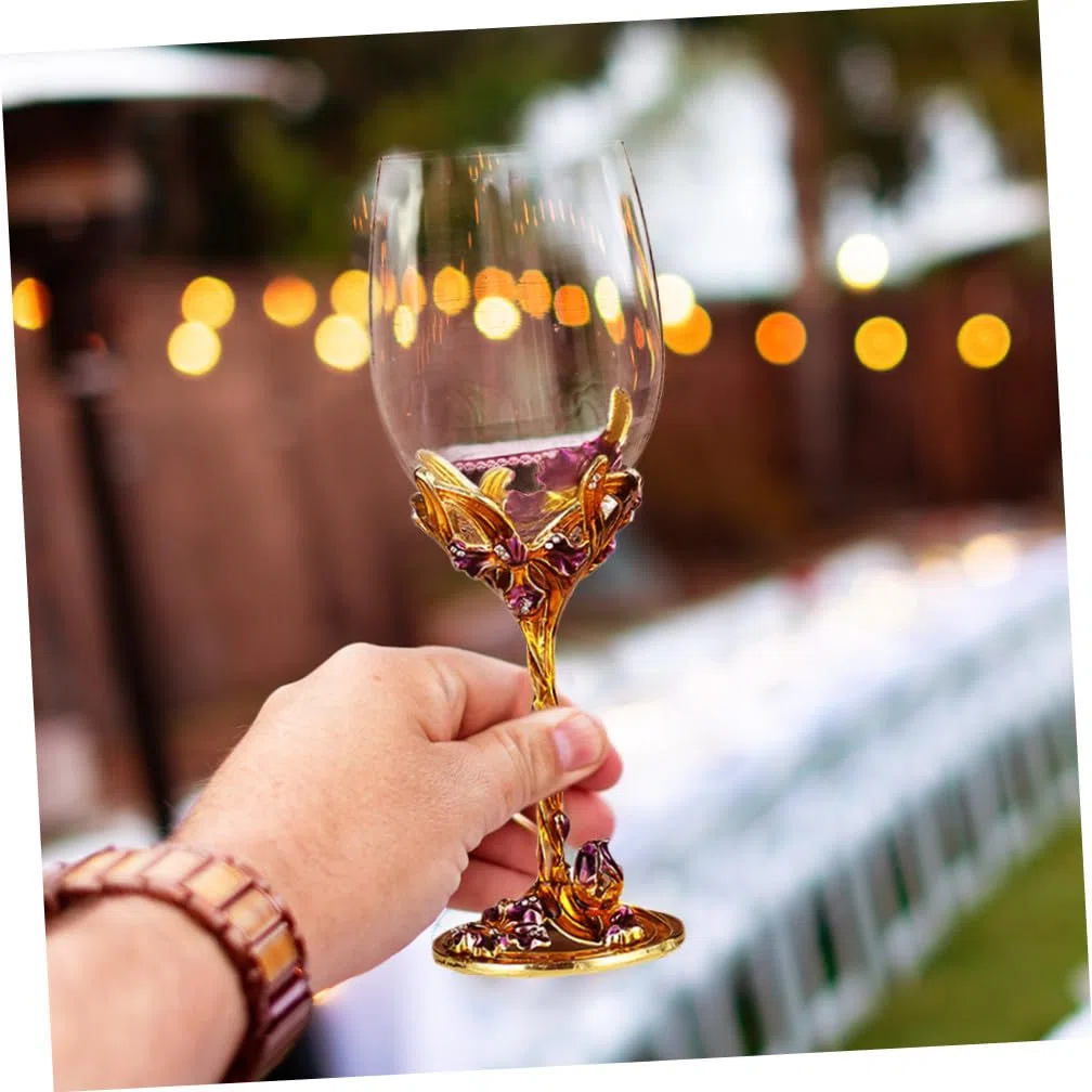 DOITOOL Copas de Vino Esmaltadas Doradas 2 Piezas Cristal Diseño de Flor Iris Copas para Whisky y Bodas Vaso Decorativo para Bar y Hogar Cristalería para Eventos y Regalos