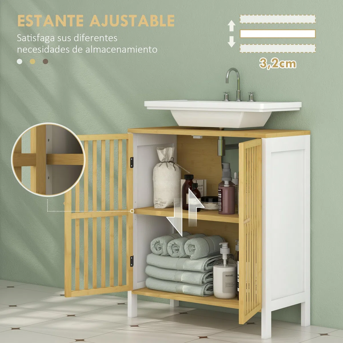 HOMCOM Mueble para Debajo del Lavabo Armario de Almacenamiento Bajo Lavabo de Bambú con Estante Ajustable y Puerta Doble Carga 30 kg 60x30x70 cm Blanco y Natural