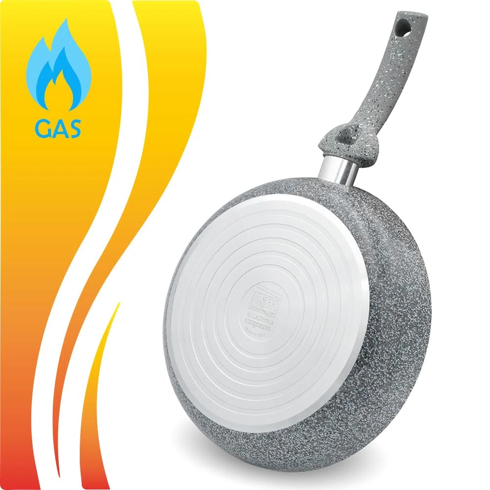 BAKAJI Juego de 3 sartenes Primolla de 20 – 24 – 28 cm de diámetro, revestimiento efecto piedra antiadherente Pfoa Free para cocción homogénea, mango térmico Cool Touch, ideal para hornillos de gas