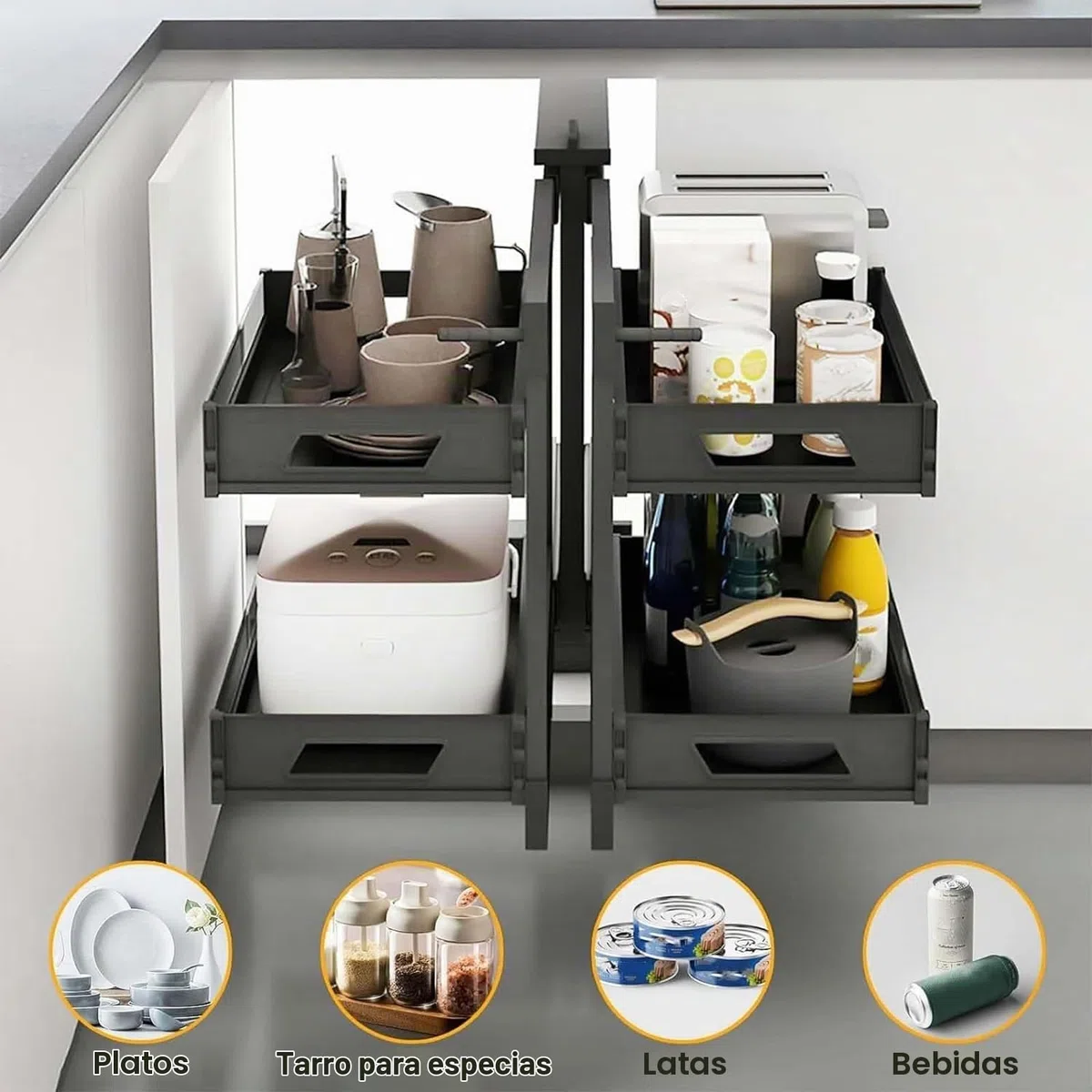 Organizador extraíble para gabinete de esquina ciega de cocina con 4 cestas, organizador de gabinete deslizante, organizador de almacenamiento extensible para gabinete de despensa 900
