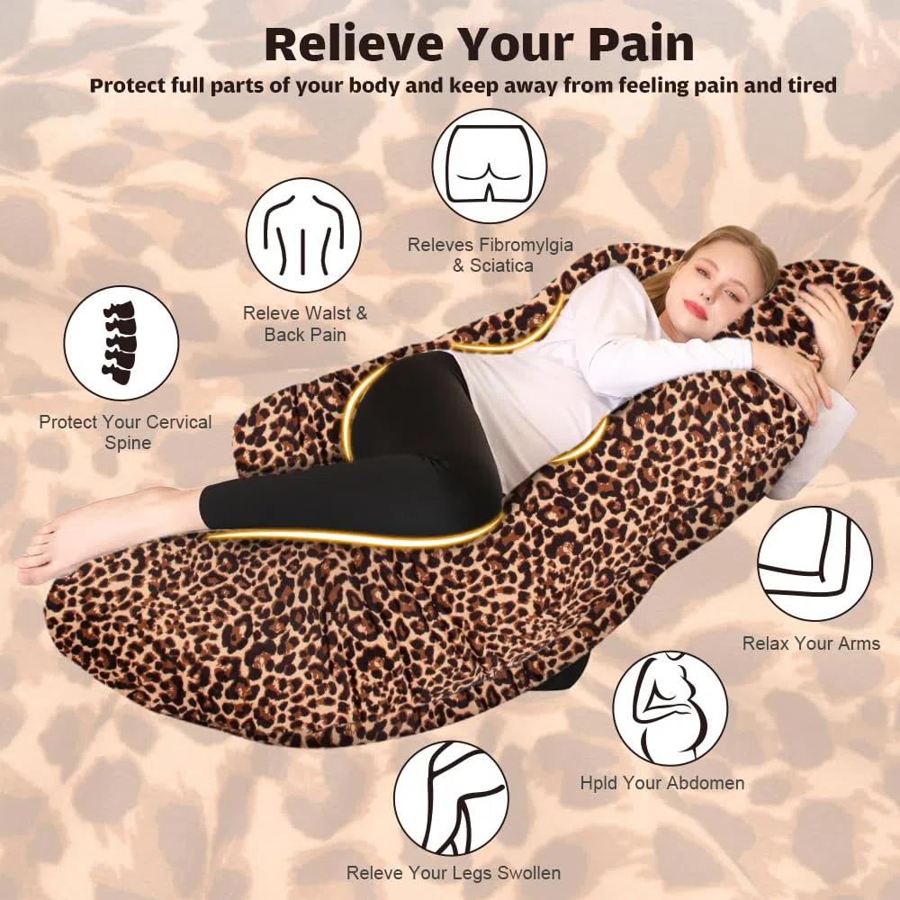 Chilling Home Cojín de maternidad en forma de J, almohada para dormir de lado con funda J, cojín de lactancia, cojín grande, almohada para mujeres y para dormir de lado (estampado de leopardo)