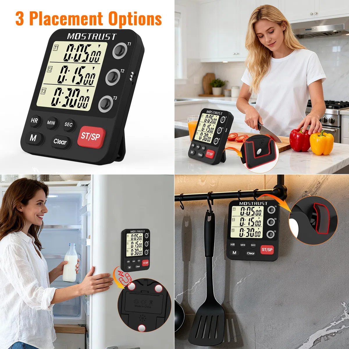 Temporizador digital de cocina doble, temporizador de cuenta regresiva independiente de 3 canales, pantalla grande, alarma fuerte, memoria de triple cronómetro con parte trasera magnética