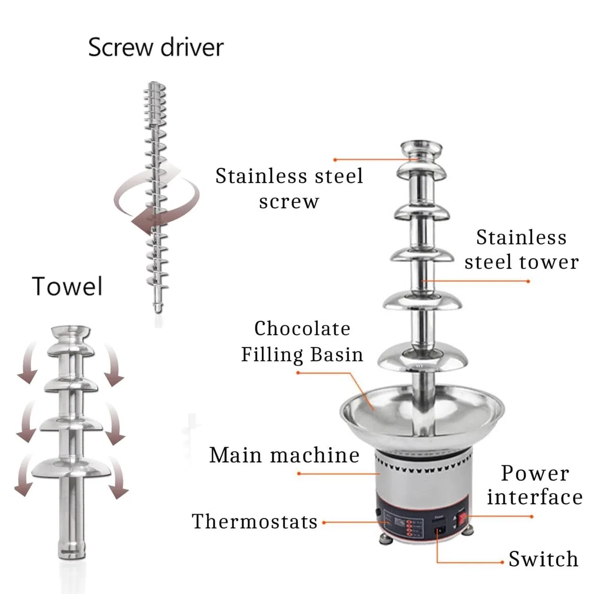 Torre De Fondue De Chocolate Caliente Comercial 4/5/6 Niveles En Acero Inoxidable, Fuente De Chocolate Profesional, para Derretir Y Calentar Nachos, Queso, Licores En Fiestas Y Bodas