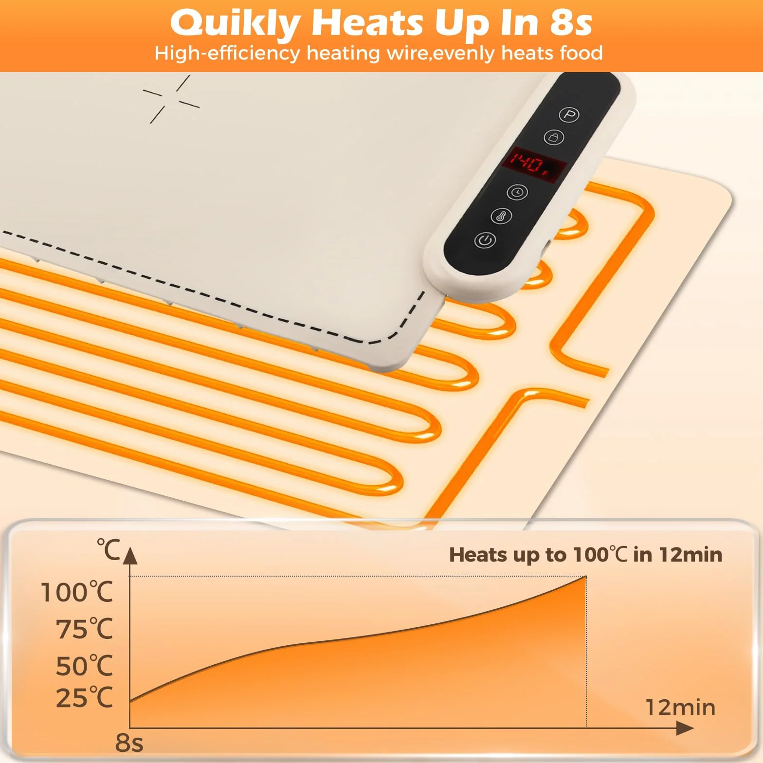Bandeja Calefactora Eléctrica de Silicona Plegable 60x40 cm – Calentador de Alimentos Portátil con 6 Niveles de Temperatura y Bloqueo para Niños – Ideal para Buffets, Fiestas, Familia y Oficina