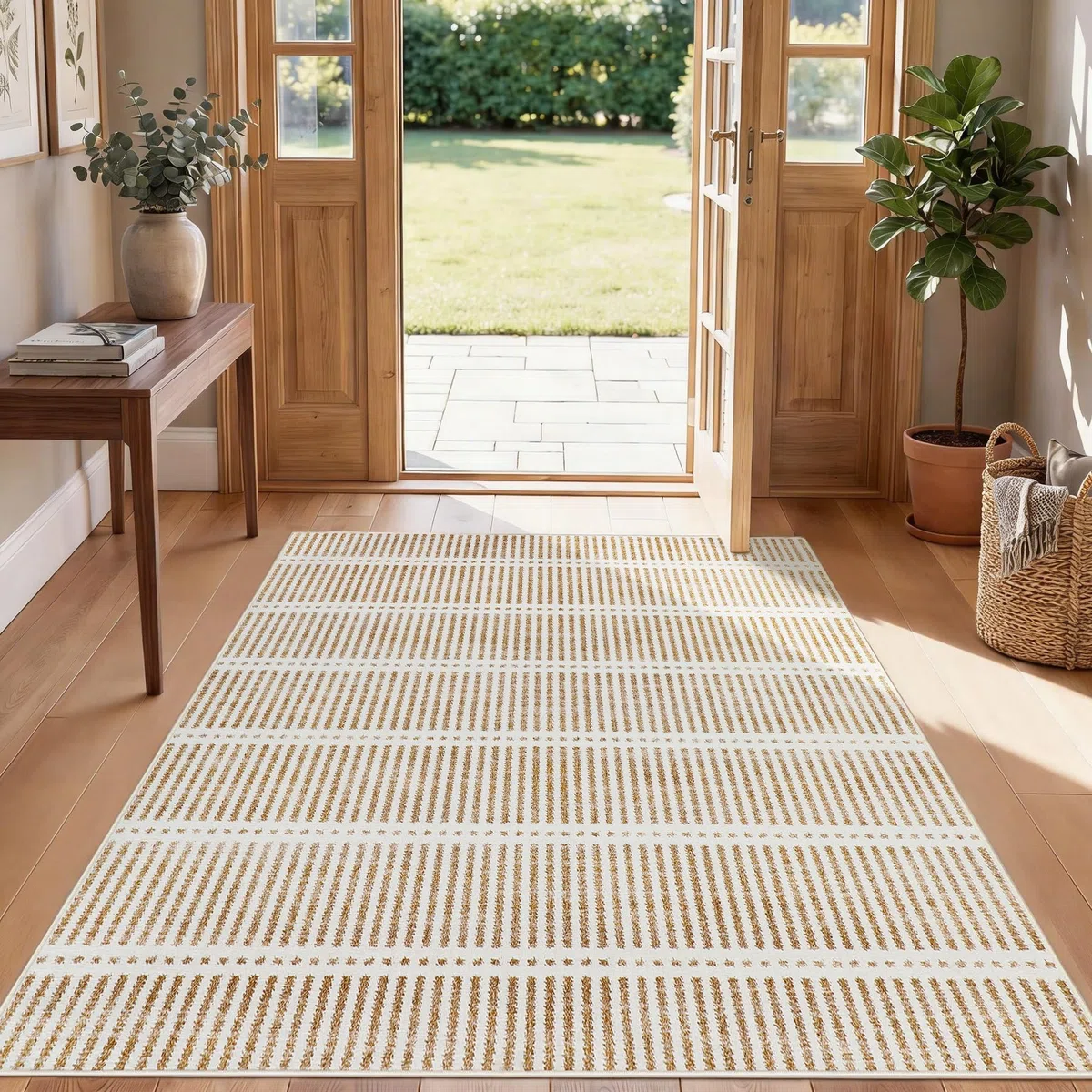 Tribesigns Alfombra moderna de 160 x 230 cm, para salón, dormitorio, comedor, alfombra suave y antideslizante, estilo casa de campo a rayas ultradelgada, con certificación Öko-Tex