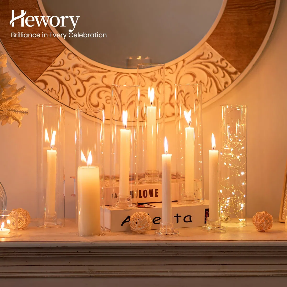 Hewory Portavelas de vidrio Hurricane – juego de 6 portavelas para velas cónicas, decoración moderna para mesa de boda, decoración de mesa navideña