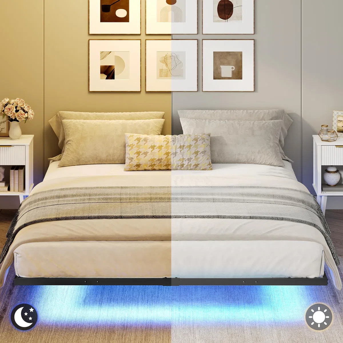 MAHANCRIS Marco de Cama de 160 x 200 cm con Base de Carga y Tiras LED, Marco de Cama de Metal Flotante, Cama Doble, para Dormitorio de Invitados, Color Negro ABFBK538UE01