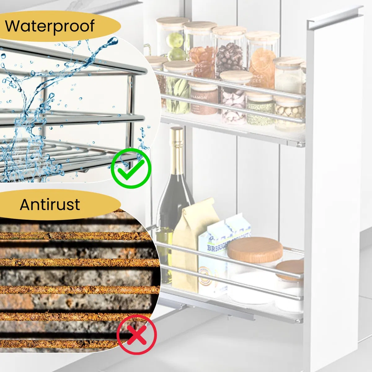 Evotrade - Cesta extraíble para módulo de 30 cm con guías de extracción total, carro deslizante amortiguado de acero inoxidable, portabotellas y tarros, ideal para cocinas y despensa