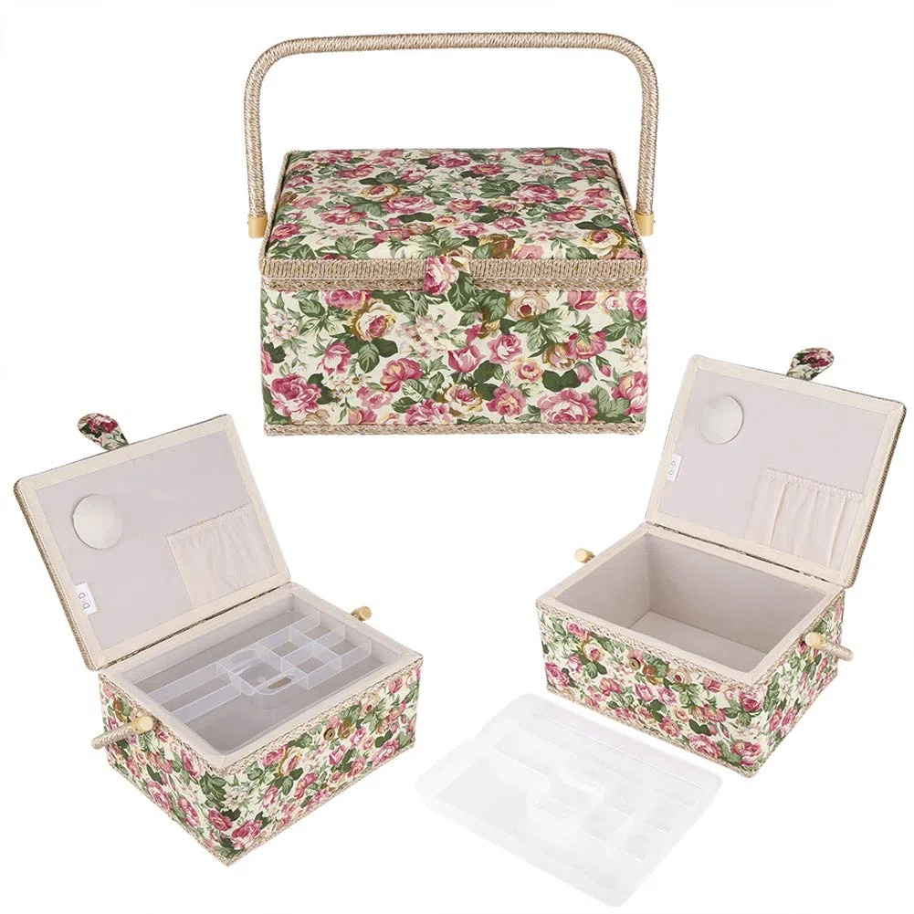 Cesta De Costura para Suministros De Costura, Caja De Artesanía De Costura con Estampado Floral De Tela con Asa, Organizador De Almacenamiento De Kit De Costura para El Hogar