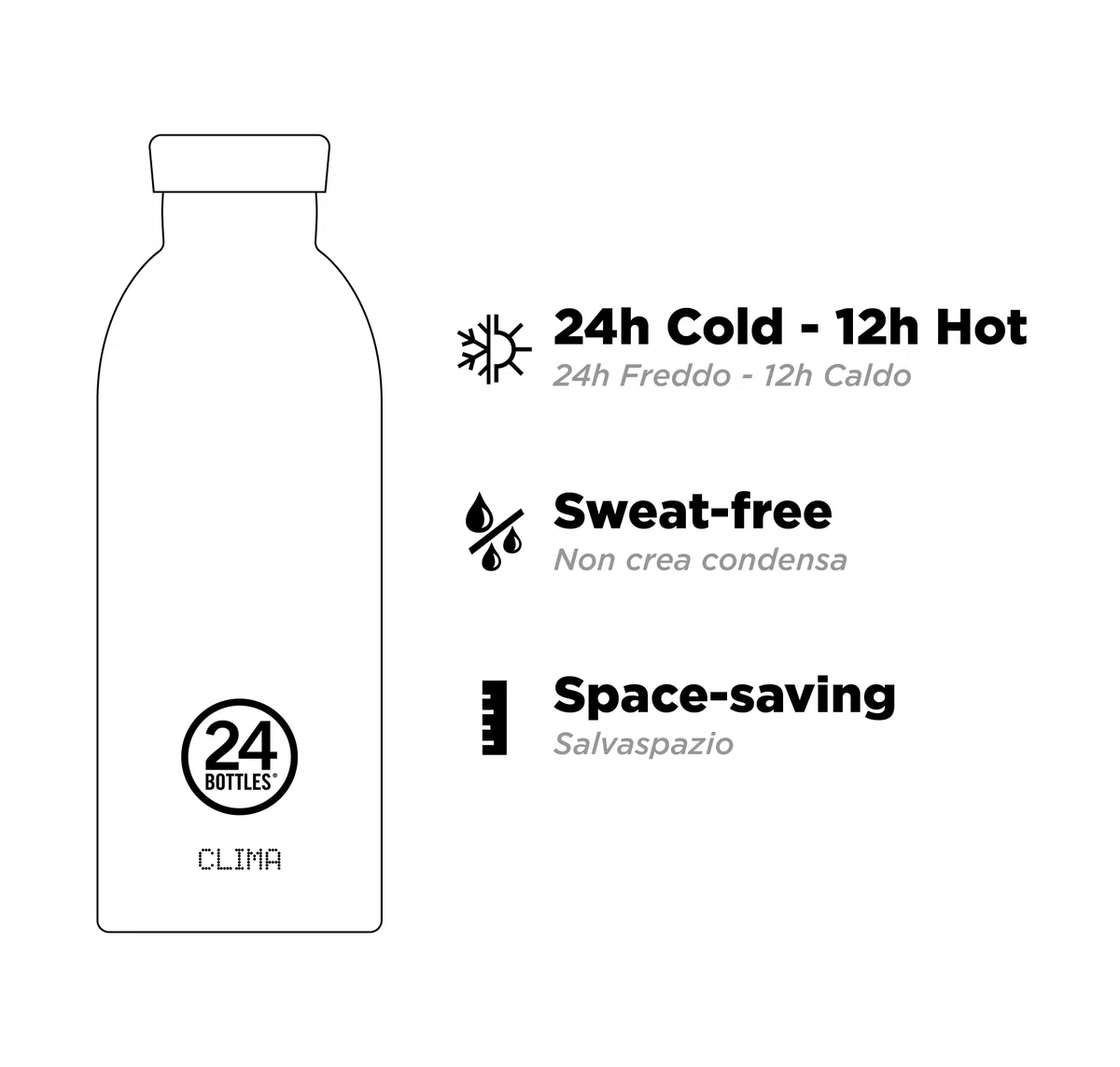 24Bottles Clima - Botella Agua Acero Inoxidable, Botella Termica 850ml 12H Caliente y 24H Frío Ideal como Botella Gimnasio, Niños y Deporte, Cantimplora Termica 100% Hermética, Water Bottle Sostenible