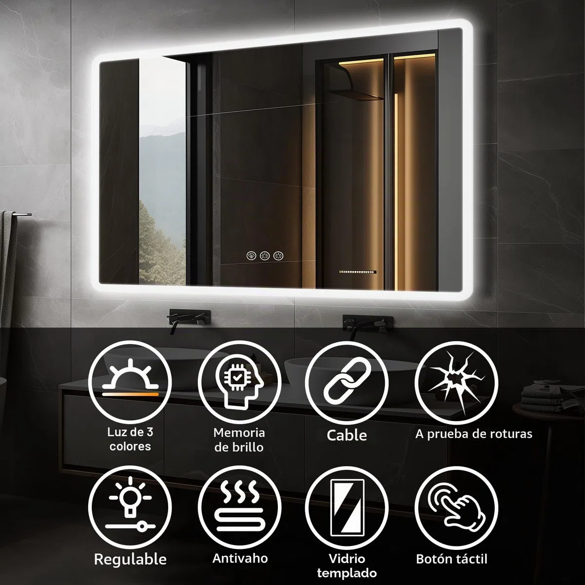 Ratsamee Espejo Baño con Luz 100x70cm, Espejos de Baño con LED con Antivaho, Regulable, 3 Colores Luz, Función Memoria