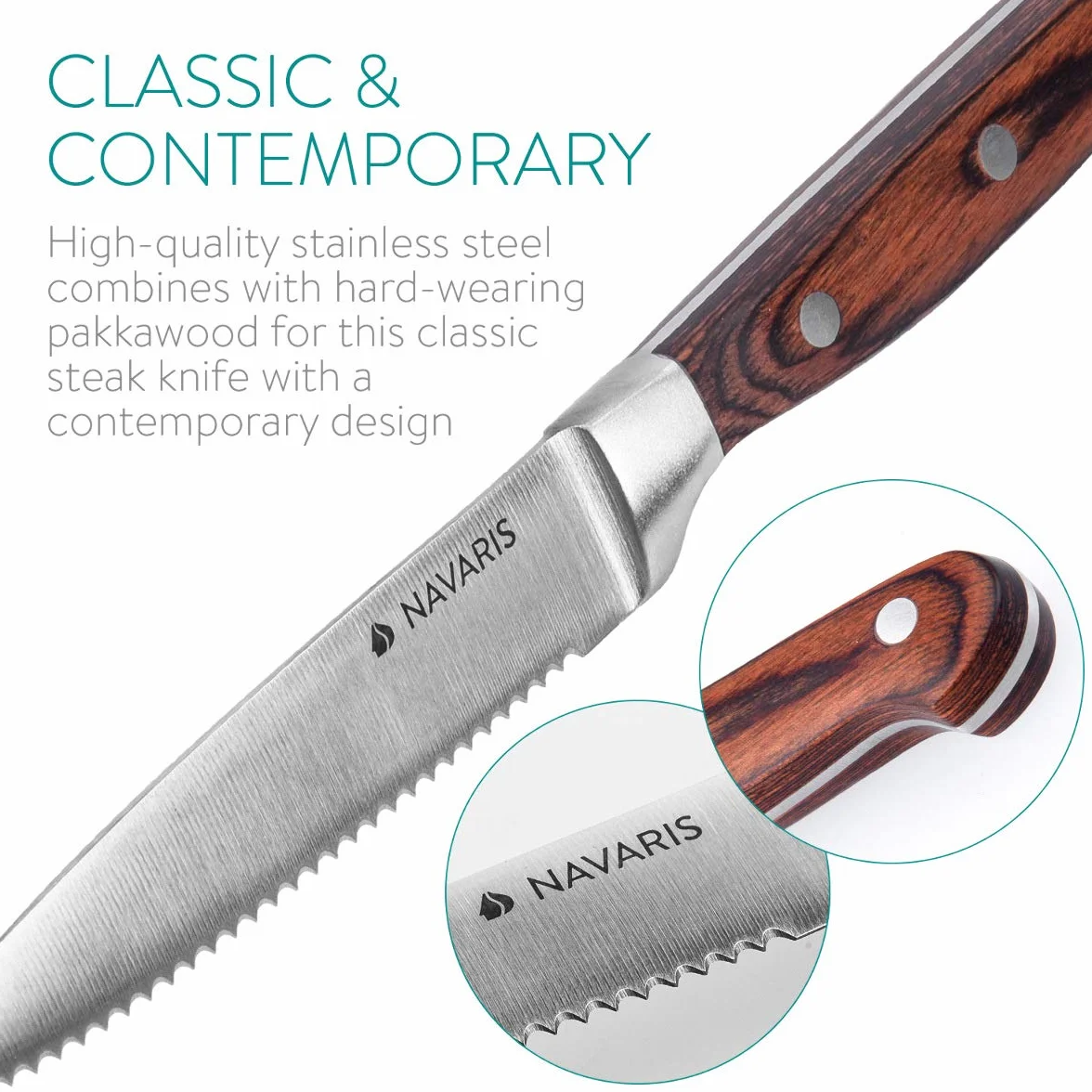 Navaris Set de Cuchillos para Carne - Juego de 6X Cuchillo de Acero Inoxidable con Mango de Madera - Cuchillos chuleteros con Filo de Sierra