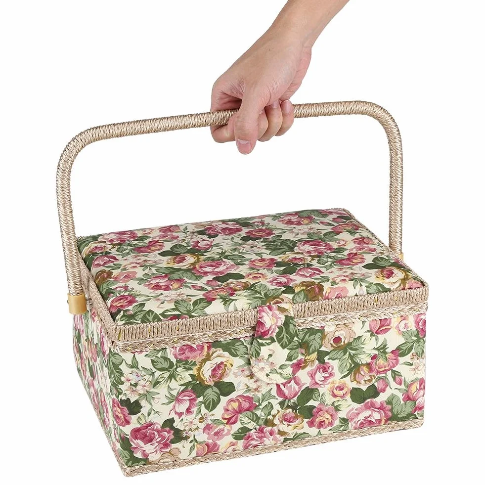 Costurero Dioche con flores de rosa, cesta de costura con estampado y mango ergonómico para organizador del hogar, 30,5 x 23,1 x 15,5 cm