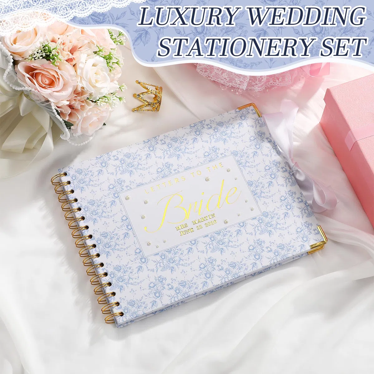 Humyoun Libro de invitados de boda con letras a la novia, álbum de recuerdos de boda, álbum de recortes, álbum de fotos, letrero de invitados con calcomanías de perlas (10.5 x 8.25 pulgadas, floral