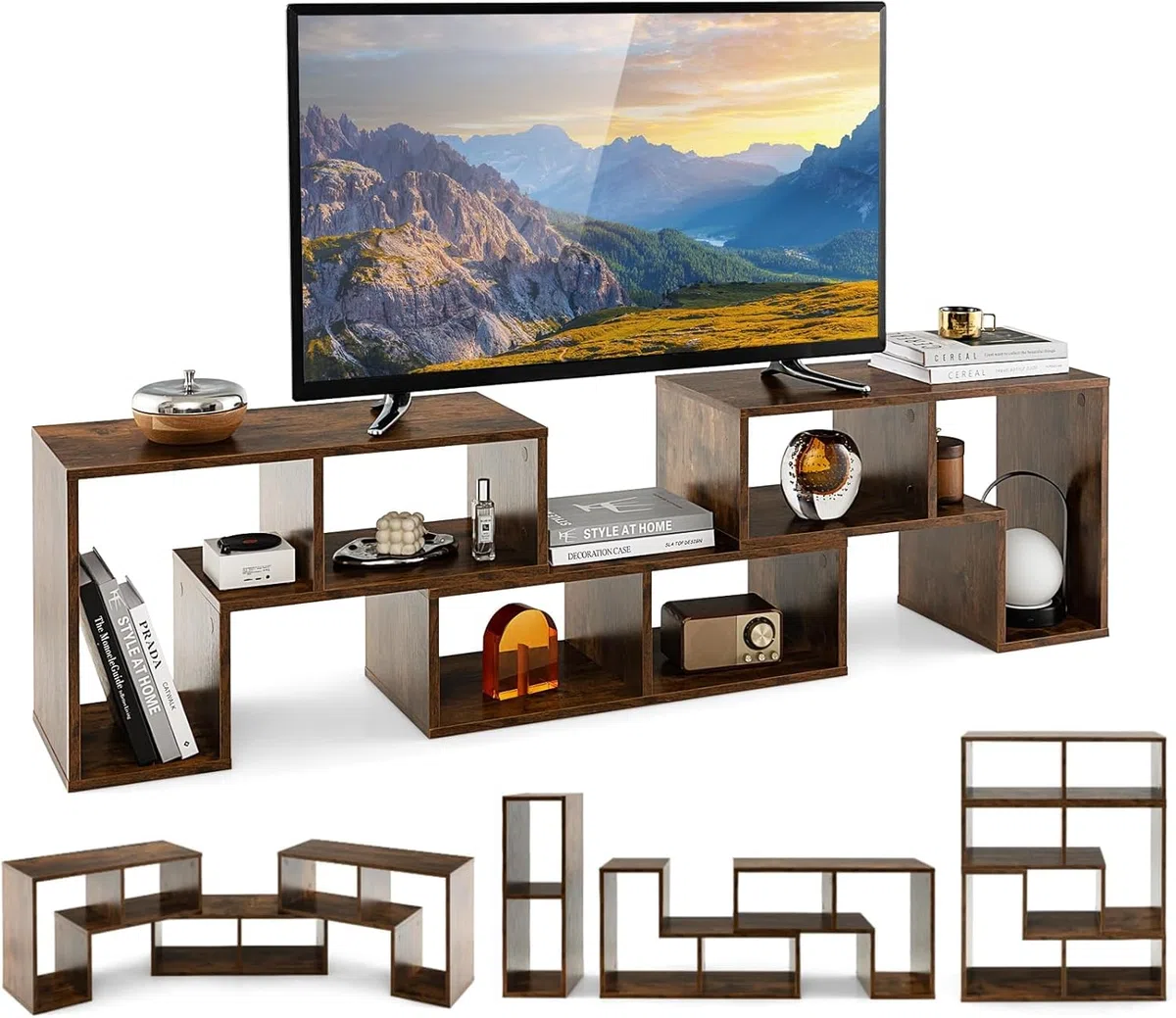 GIANTEX Mueble de TV Combinado Libre con Estantes Abiertos, para TV hasta 65 Pulgadas, Soporte de TV Multifuncional de Madera, para Salón, Dormitorio, 134-180x30x43 cm (Marrón, 3 Piezas)