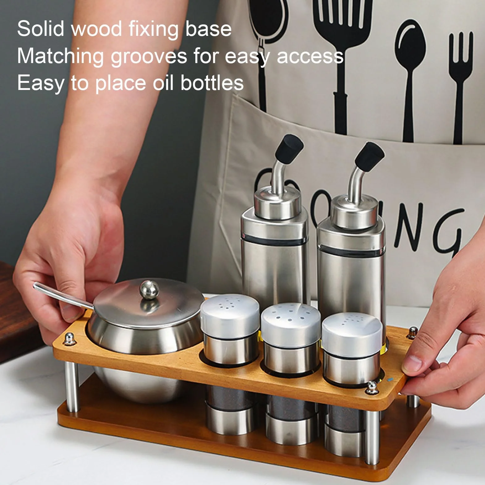 Juego de Dispensadores Condimentos para Vinagre, Sal y Pimienta, Juego Botellas Aceite y Vinagre con Base Estante Madera, Coctelera Plástico Acero Inoxidable Cocina,Almacenamiento