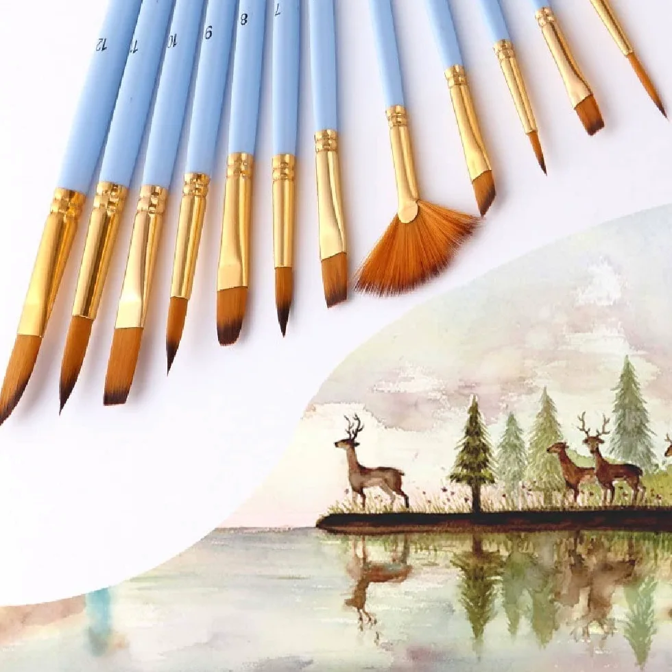 Juego de 12 Pinceles para Acuarela para Aprender a Pintar, con Pelo de Nailon y Mango de Madera, para Pintar al óleo, acrílicos y Arte.,