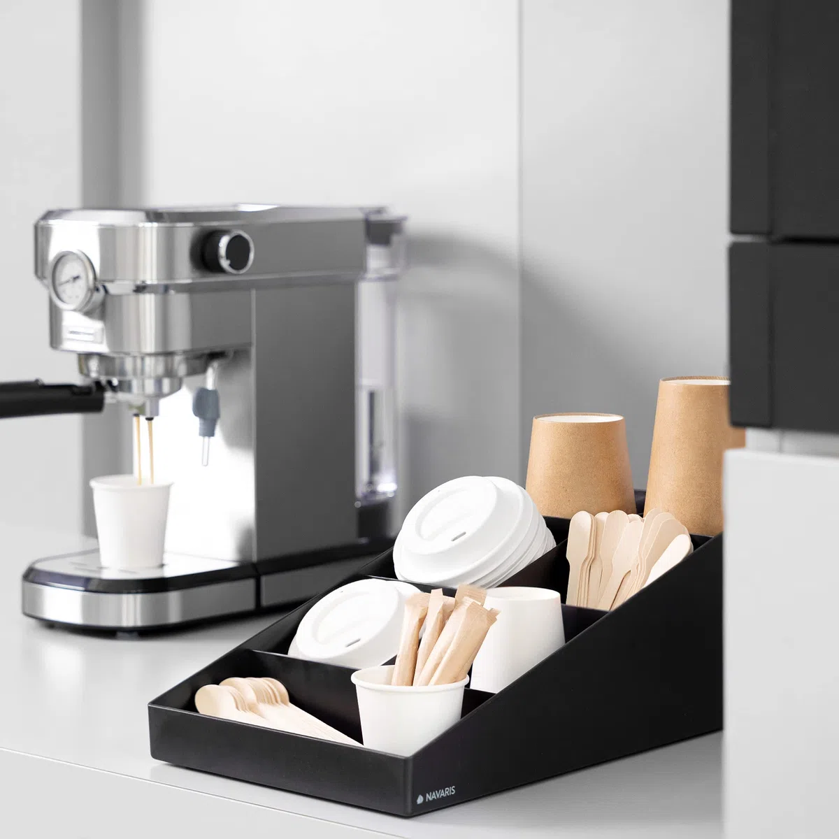 Navaris Organizador de café y té - Caja para Kit de Accesorios de cafetera - Bandeja con 7 cajoncitos para infusiones azucarillos Tazas cápsulas