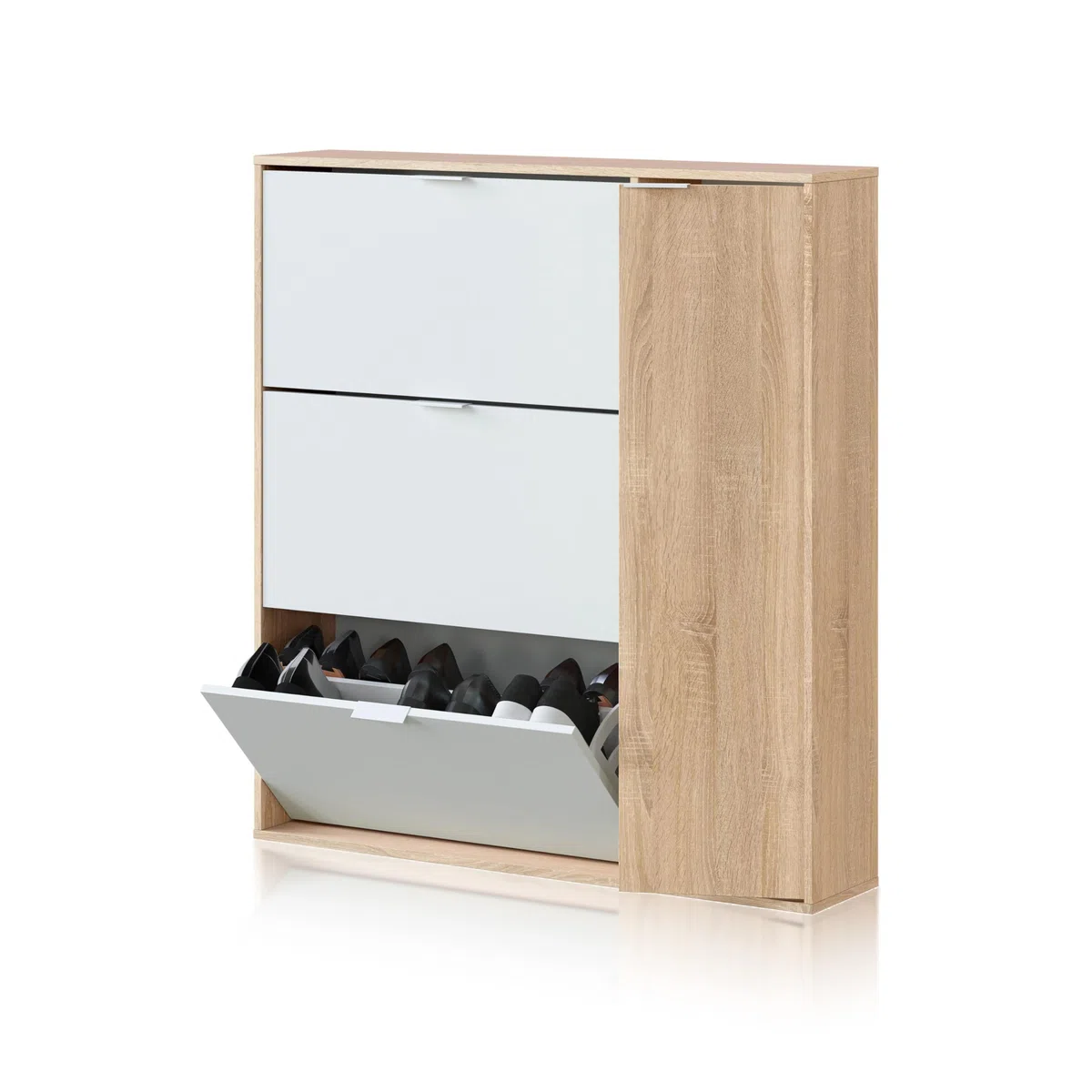 duehome | Mueble Zapatero 4 Puertas, Modelo Eris, Acabado en Roble Canadian y Blanco Artik, Medidas: 106 cm (Ancho) x 115 cm (Alto) x 22 cm (Fondo)