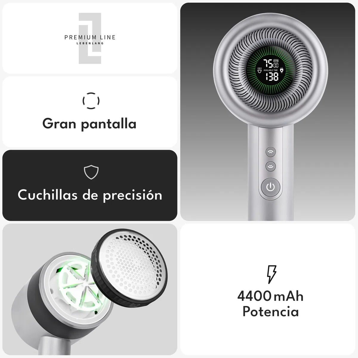 LEBENLANG Premium quitapelusas electrico Recargable 4000mAh - 5 Modos | 3,5h de autonomía I Incl. linterna & pantalla LED I Maquina quita pelusas para Quitar bolas de la ropa bolitas Pelusas lint