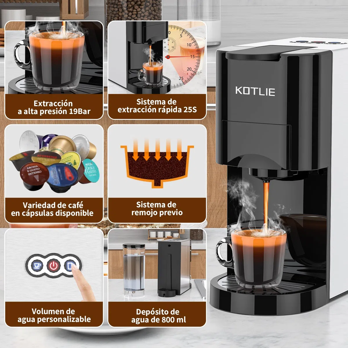 Cafetera Monocápsula 19 Bares, Compatible con Nespresso, Dolce Gusto, Café Molido y ESE, para Hogares u Oficinas, con Apagado Automático,Compacto,513K