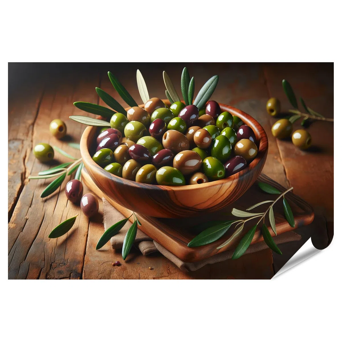 islandburner Prime XXL - Póster de aceitunas y hojas: presentación armoniosa en cuenco de madera de alta calidad