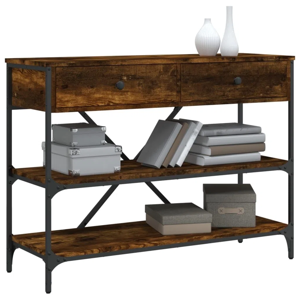 Mesa consola clásica de madera con estructura de acero, 2 cajones y estantes para almacenamiento, mesa auxiliar para salón y pasillo
