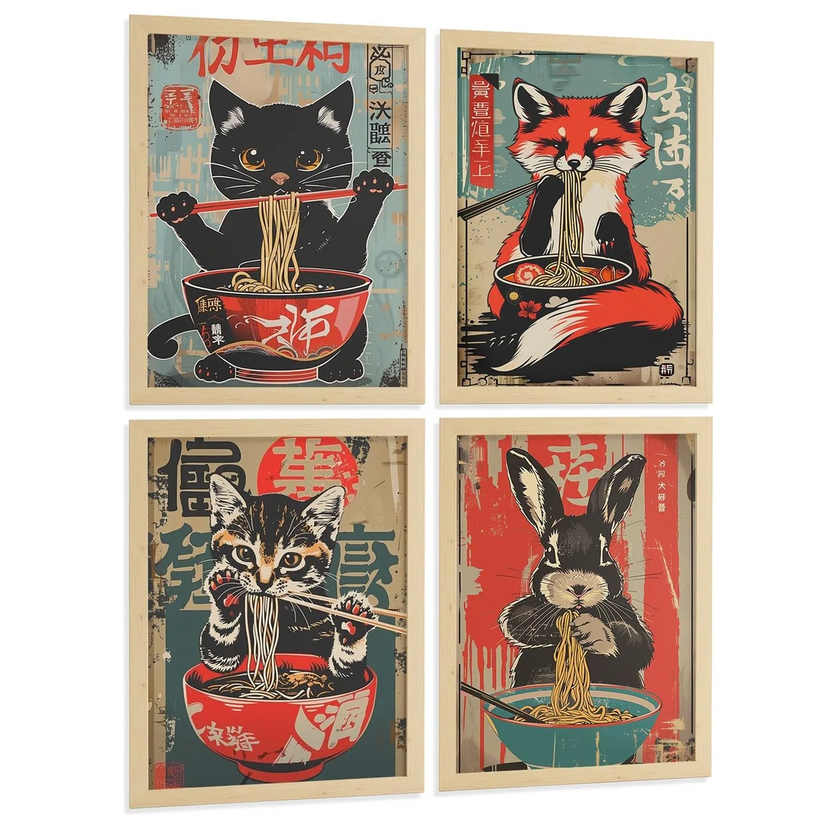 Nacnic Set De 4 Láminas Animales Ramen Japonés Cuadros Cocina Gato Zorro Y Conejo Comiendo Noodles Póster Decoración Pared A3 Marco Madera Clara