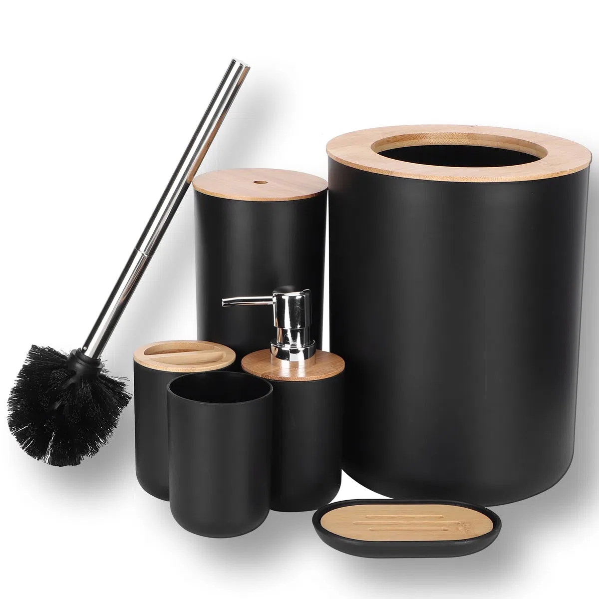 Juego de accesorios de baño de bambú, 6 piezas, kit de limpieza, soporte para cepillo de dientes, dispensador de jabón, jabonera, taza, cepillo de inodoro para decoración del hogar