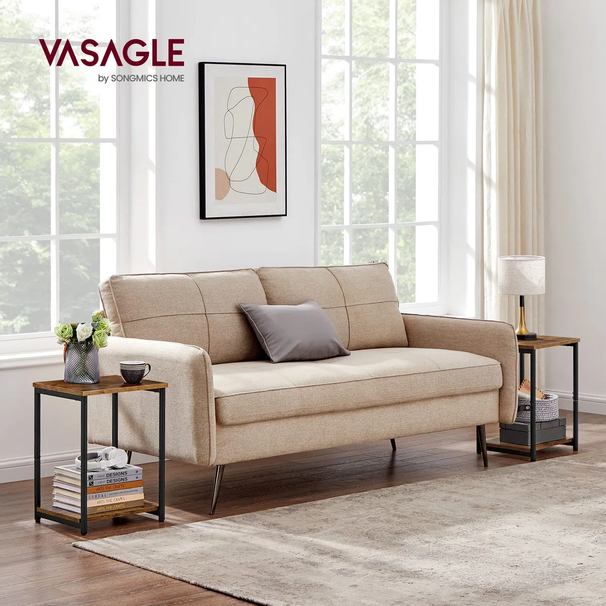 VASAGLE Juego de 2, Mesa de Sofá, Mesa Auxiliar de 2 Niveles, Mesita de Noche con Marco de Acero, para Salón, Dormitorio, Estudio, Marrón Rústico y Negro Tinta LET272B01