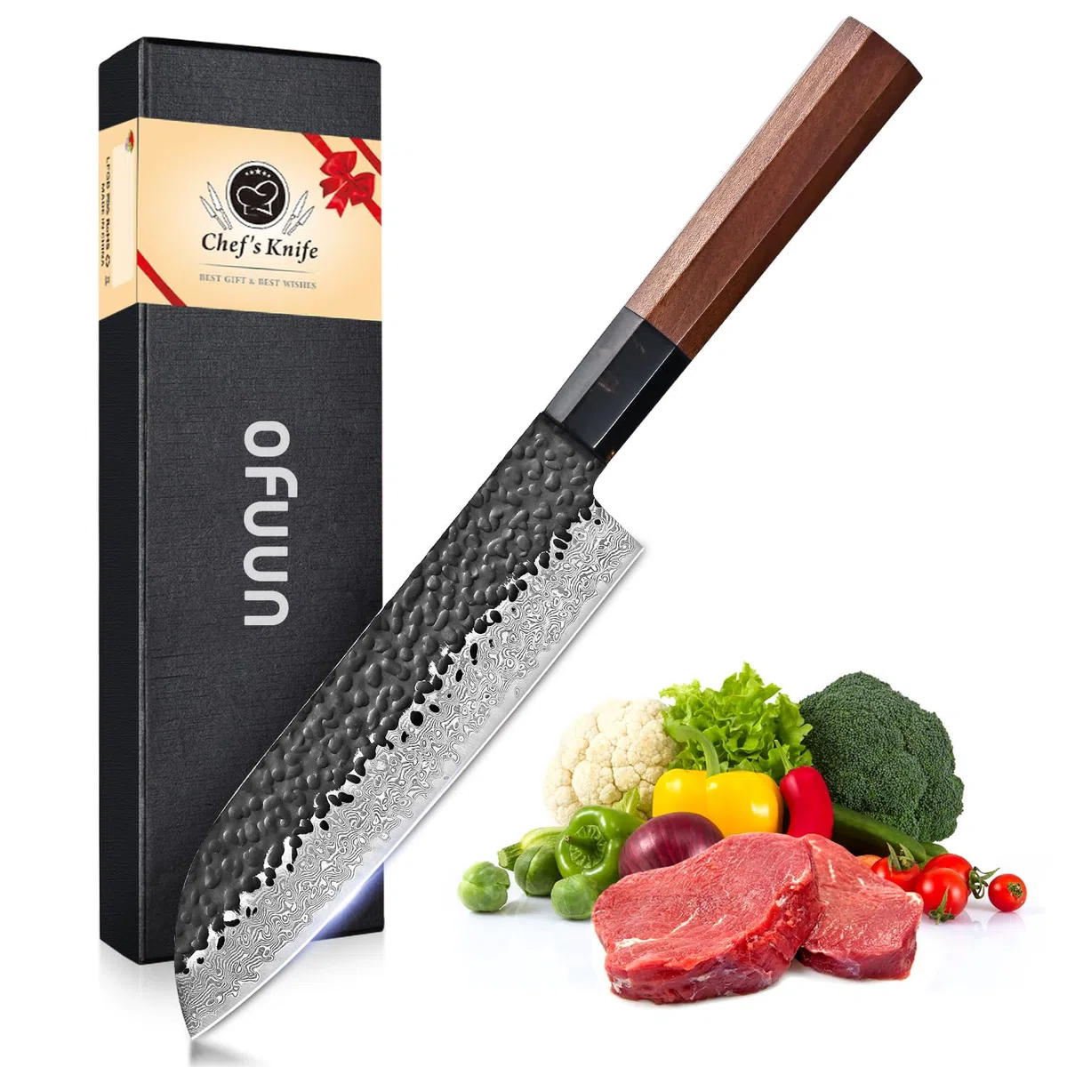 Cuchillo Japones Damasco, 18cm Cuchillo de Santoku Profesionales, Cuchillos Cocina VG10 de Acero de alto Carbono, Mango de Palo de Rosa y Caja de Regalo