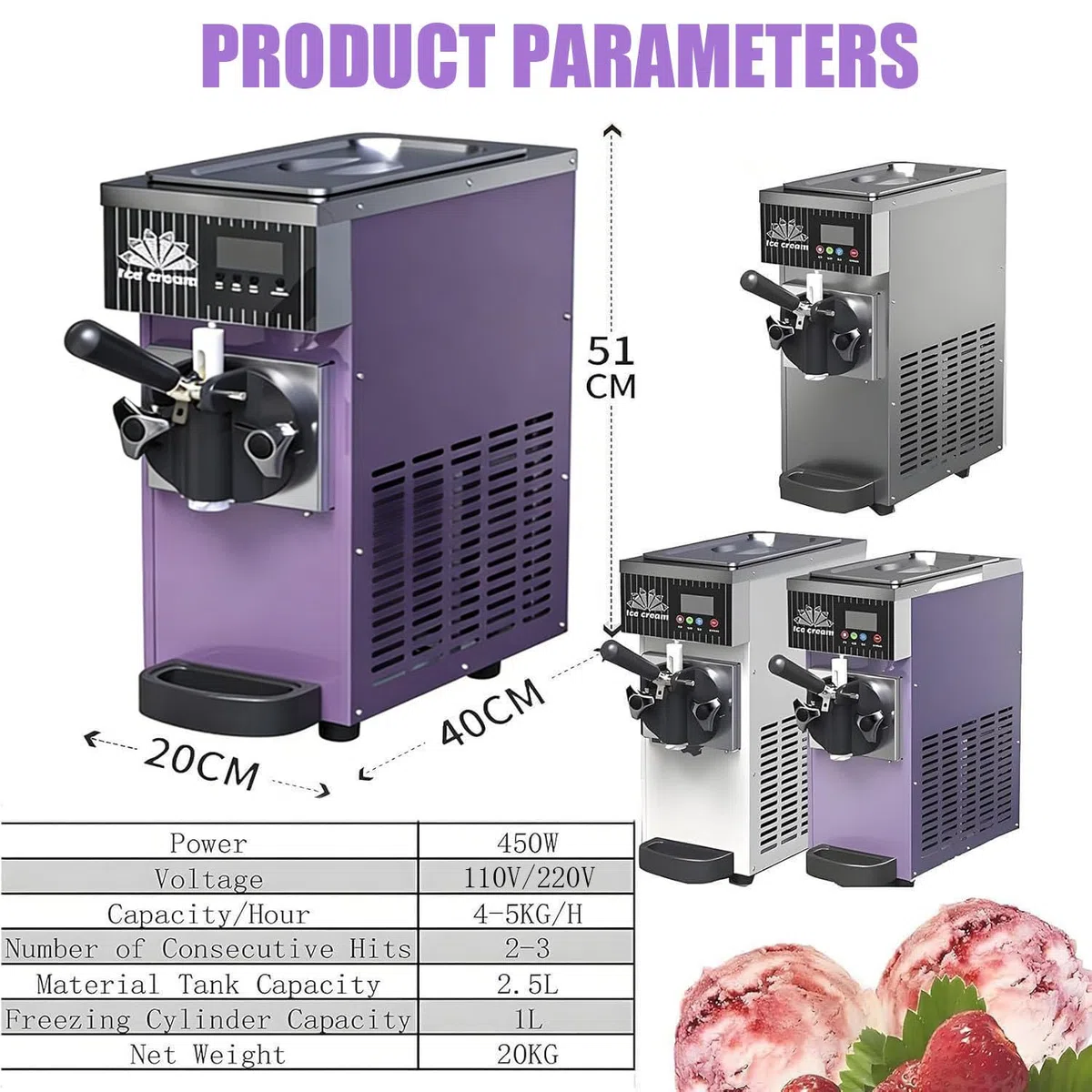 MáQuina Helado,Profesional Heladera Soft Serve,MáQuina de Helado de Un Solo Sabor, Rendimiento de 7,5 L/H, Preenfriamiento,Autolimpieza,Panel LCD para El Hogar Y Negocios. Purple