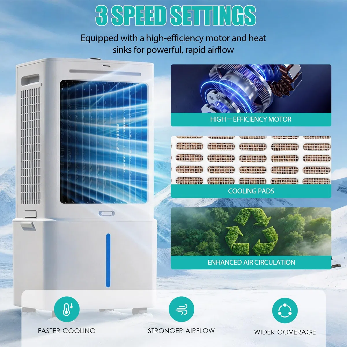 Enfriador de Aire Sin Tubo Depósito Extraíble 25L, 3 en 1 Climatizador Evaporativo Silencioso, 24 Velocidades, Temporizador 12H, Mando, 6 Bloques de Hielo para Casa