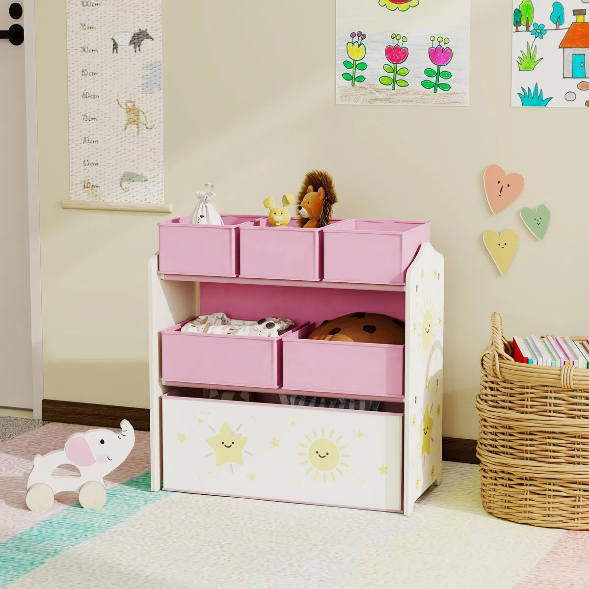 AIYAPLAY Estantería Infantil para Juguetes, con 6 Cajas Extraíbles de Tela no Tejida, Organizador de Juguetes de 3 Niveles, para Habitación Infantil, Sala de Juegos, Guardería, 63x30x66 cm, Rosa