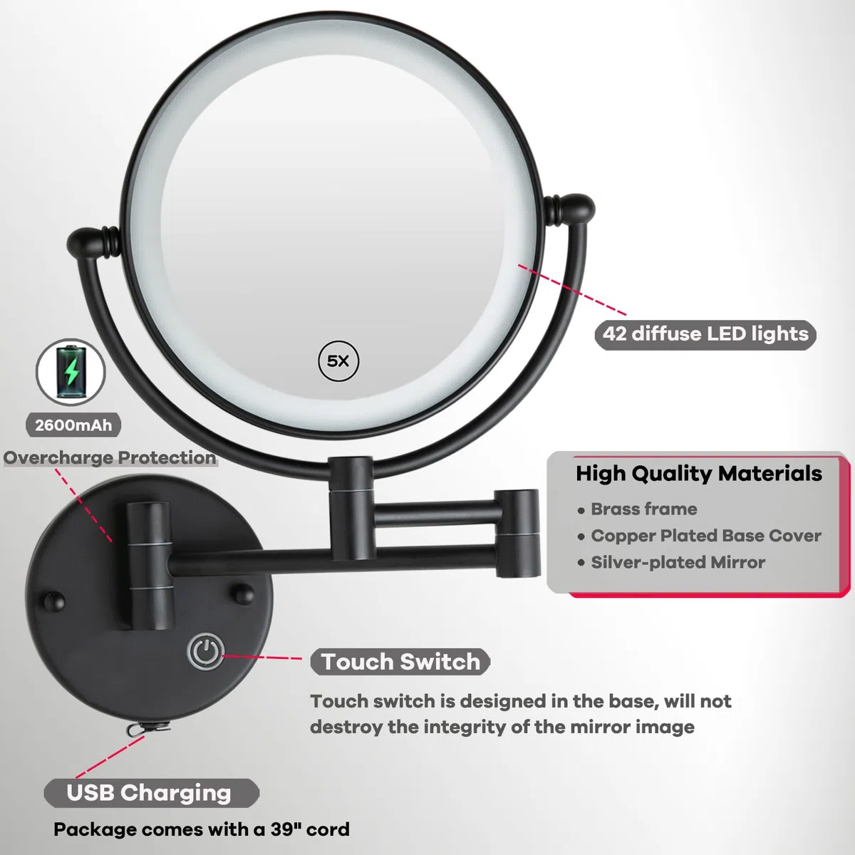 Espejo Maquillaje con Luz Pared, 1X / 5X Doble Cara Espejo Baño,Material de Latón,Espejo Aumento con Luz,Control por Interruptor Táctil,Brillo Ajustable,360 Giratorio Espejo para Baño,Hotel