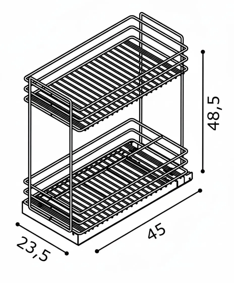 Cesta extraíble para debajo del fregadero de cocina, 23,5 x 45 x 48,5 cm, cajón telescópico deslizante con guías laterales, organizador plano de alambre de acero, cesta de almacenamiento botellero