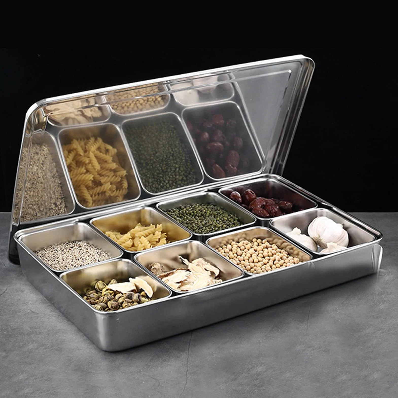Akozon Caja de Condimentos de Aleación de Aluminio de 8 Rejillas, Contenedores de Almacenamiento de Condimentos Multiusos, Organizador de Tarros de Especias con Cuchara para