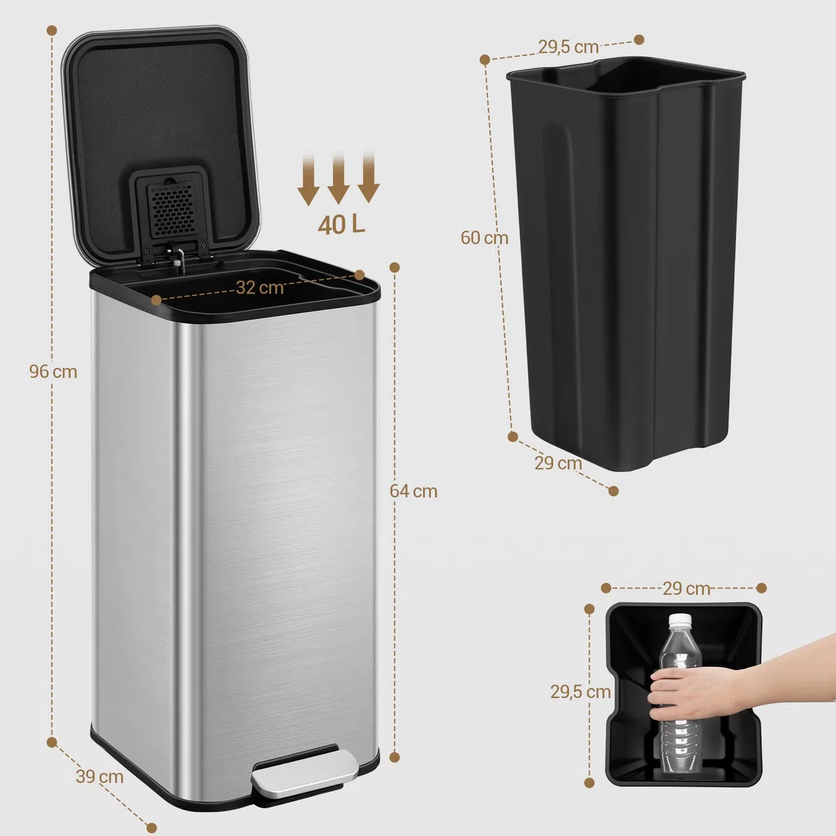Hzuaneri Cubo de Basura Cocina 40L con Pedal, Contenedor de Residuos de Metal con Tapa de Cierre Suave y Cubo Interior Extraíble, Incluye 15 Bolsas de Basura, Plateado SW14099E