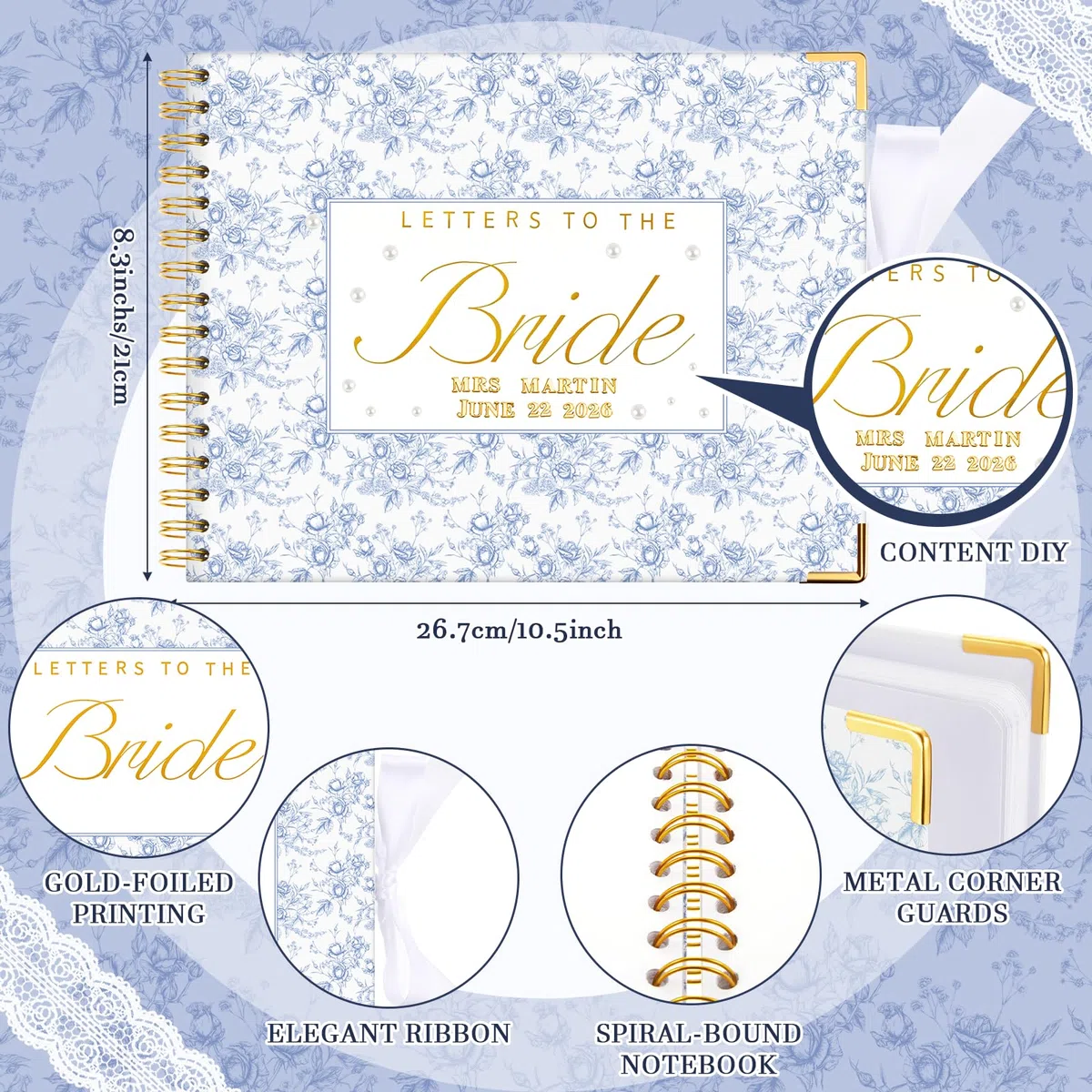 Humyoun Libro de invitados de boda con letras a la novia, álbum de recuerdos de boda, álbum de recortes, álbum de fotos, letrero de invitados con calcomanías de perlas (10.5 x 8.25 pulgadas, floral