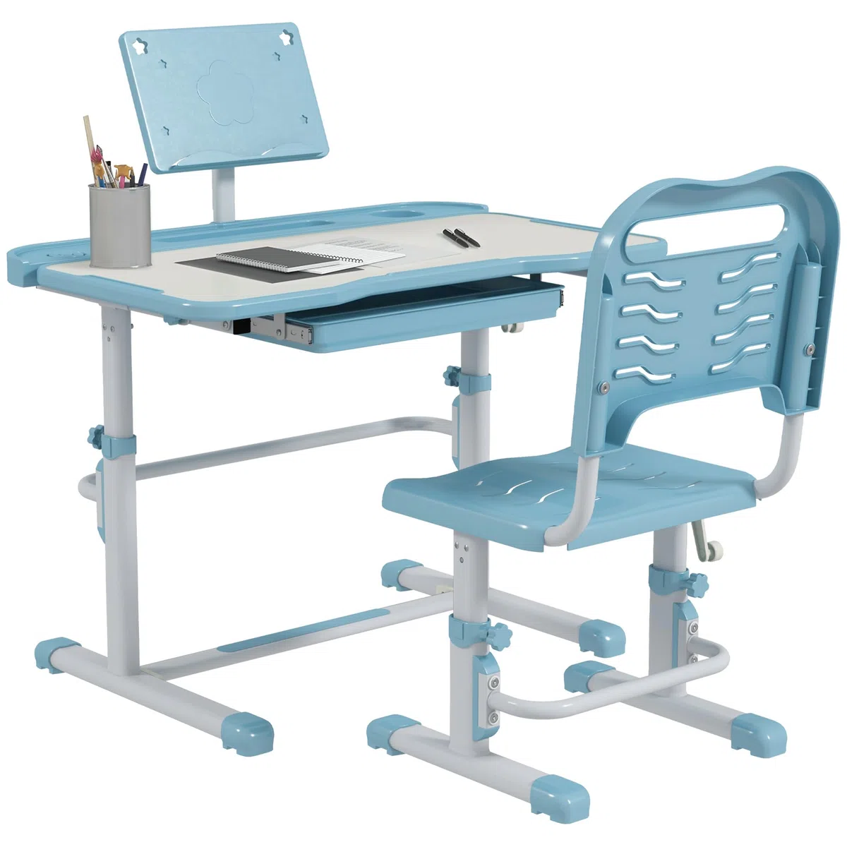 ZONEKIZ Juego de Escritorio y Silla para Niños de 6-12 Años Pupitre Infantil Altura y Ángulo Ajustable con 1 Cajón y 1 Estante para Libros 80x49,5x82-104 cm Azul y Blanco