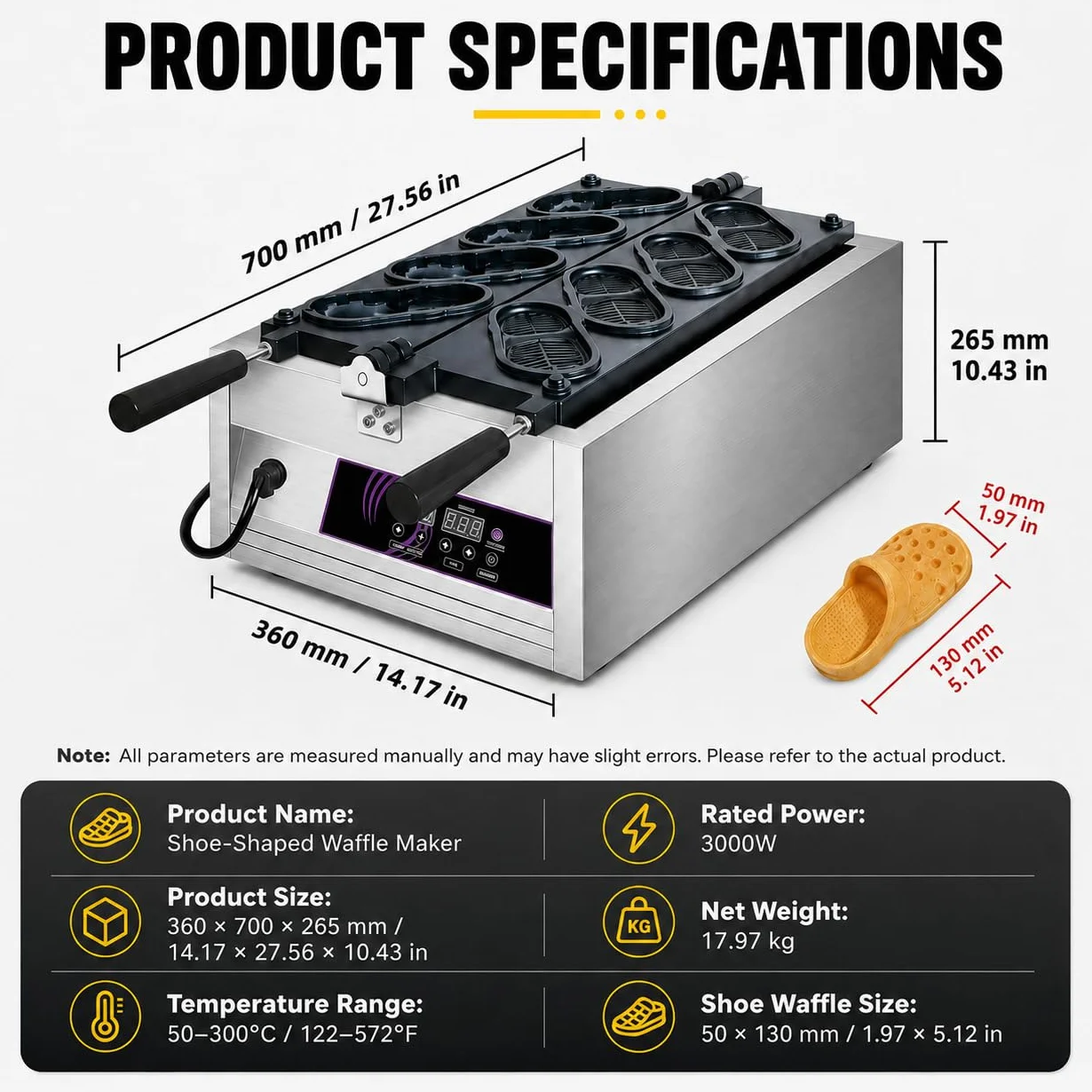 Gofrera Comercial con Forma de Zapato, Máquina Queso 3000W 6hole | Controles Precisos de Temperatura y Temporizador Son Ideales para Gofres de Queso Coreanos.