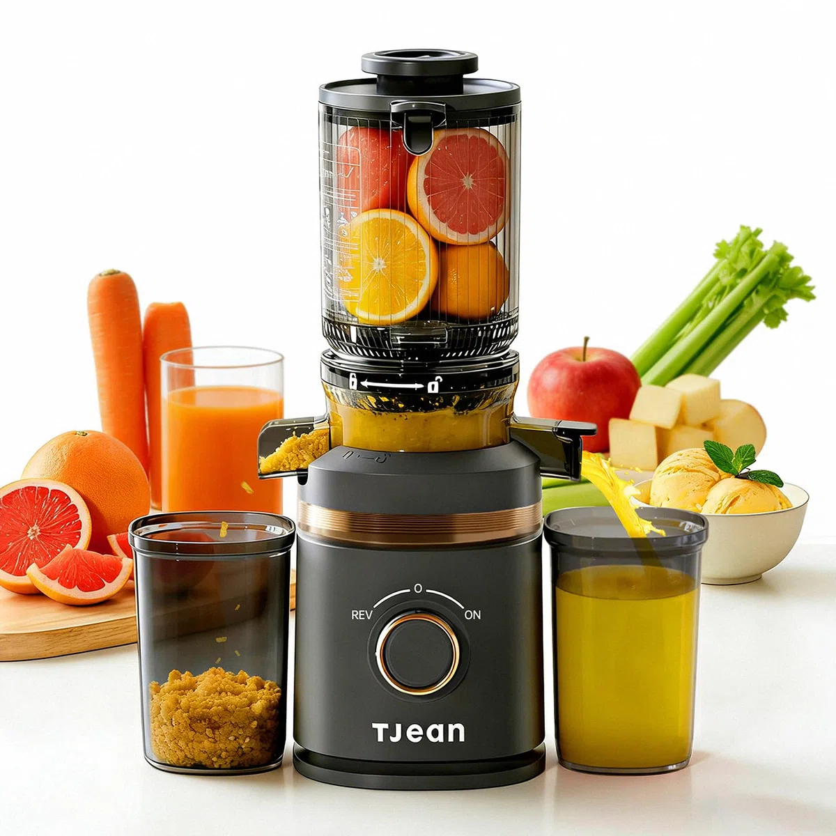 TJean Exprimidor de Prensado Lento con Tolva de Alimentación de 110mm para Verduras y Frutas Enteras, Alto Rendimiento de Jugo, Bajo Consumo Energético, Fácil de Limpiar, Material Tritan sin BPA